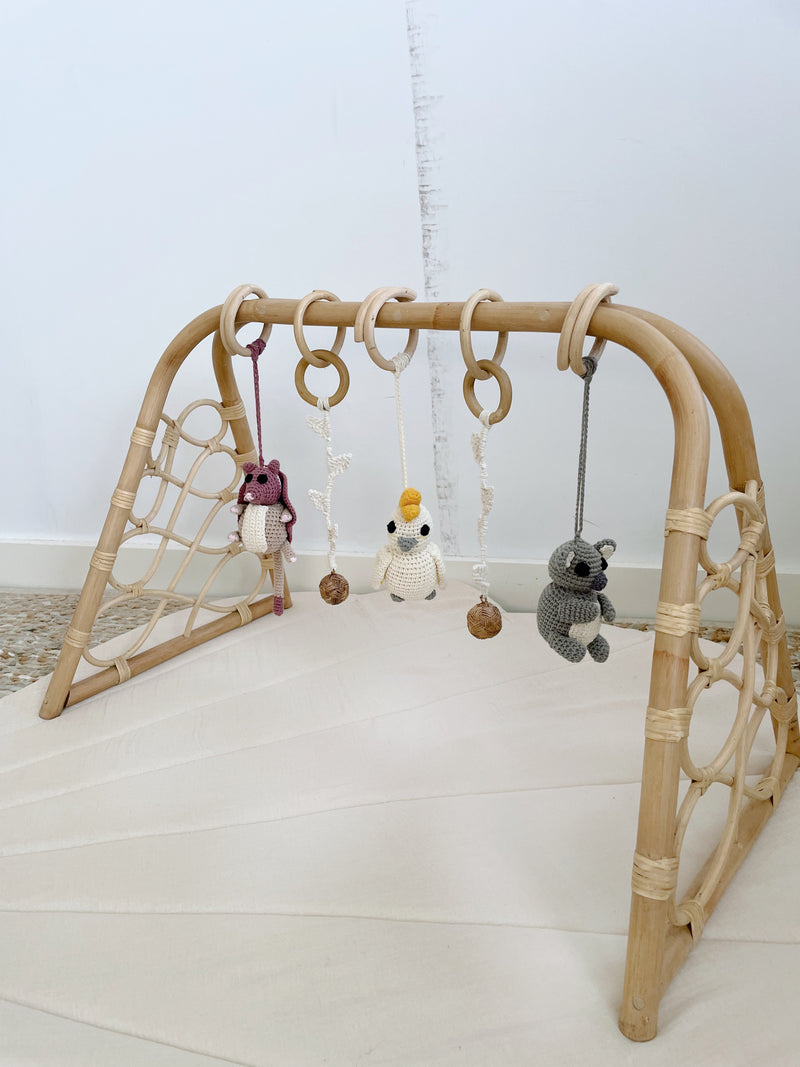 Baby Play Gym | Raja Homewares | Rattan Aussie Animals Play Gym w Gumnuts