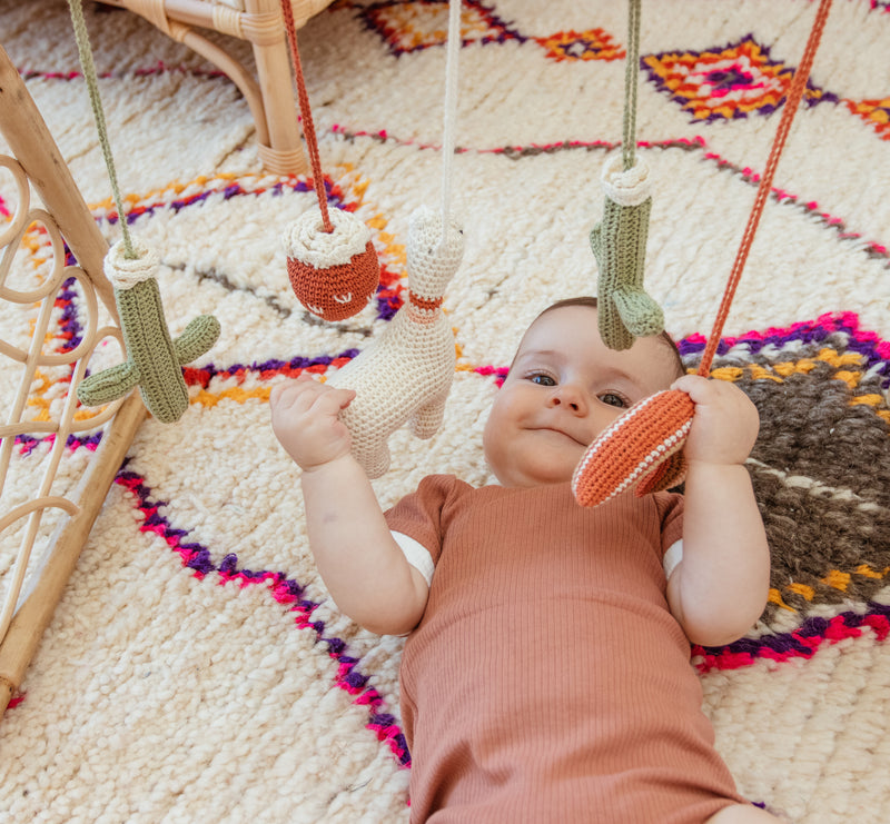 Play in Peru Baby Play Gym | Raja Homewares | Rattan Play Gym with Hand Crochet Toys