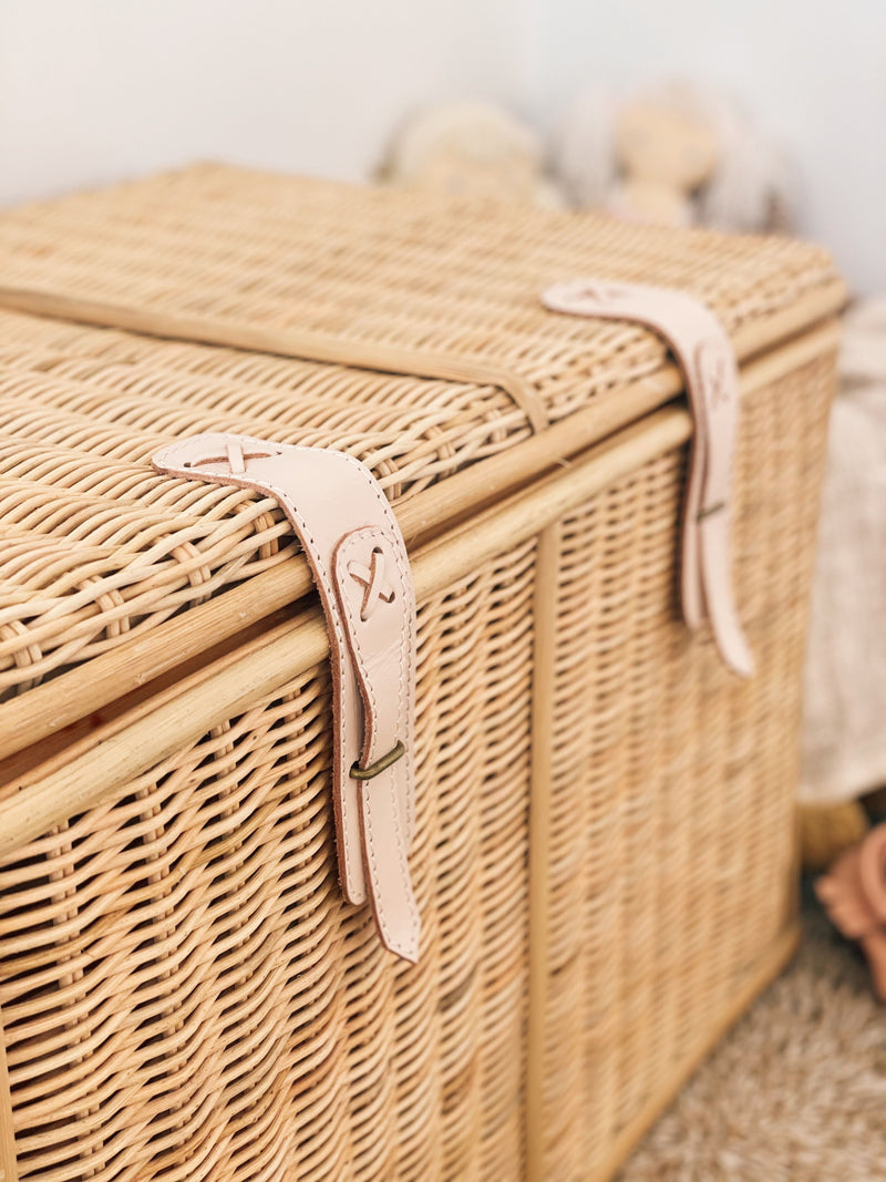 Stowaways Rattan Storage Trunk | Raja Homewares |  Wicker Weaving with Blush Straps